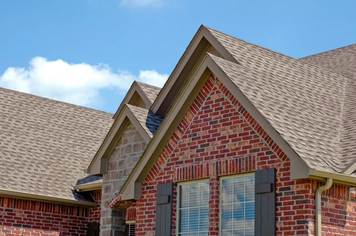 close up of a roof pitch on a brick home